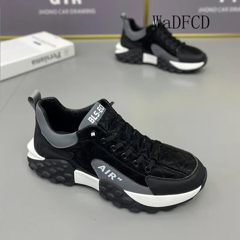 Chunky Sneakers Men Soft Sole Running Shoes Fashion Casual Leather Fabric Breathable Height Increased Flat Platform Board Shoes