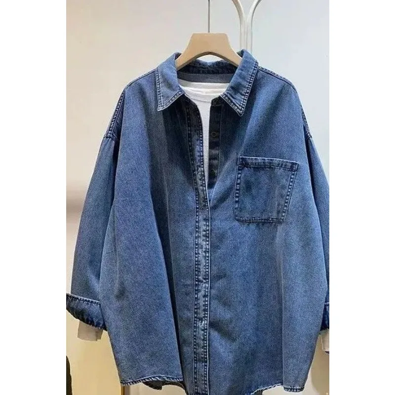 

Women Retro Soft Denim Lapel Collar Long Sleeve Oversized Casual Daily Layering Shirt Jacket