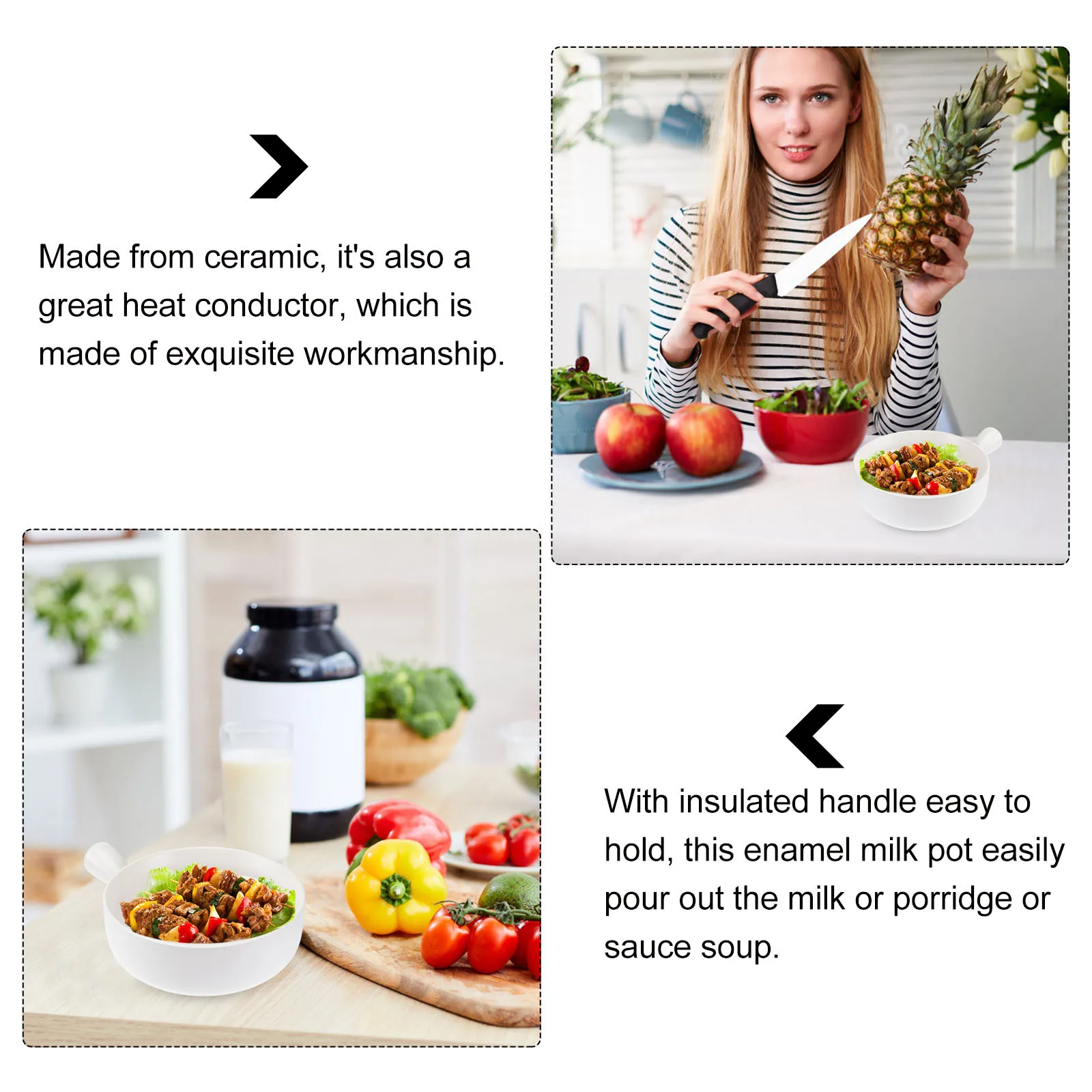 

White Ceramic Salad Bowl Exquisite Workmanship Cooking Pot with Insulated Handle for Home Kitchen Use Breakfast Noodle Milk