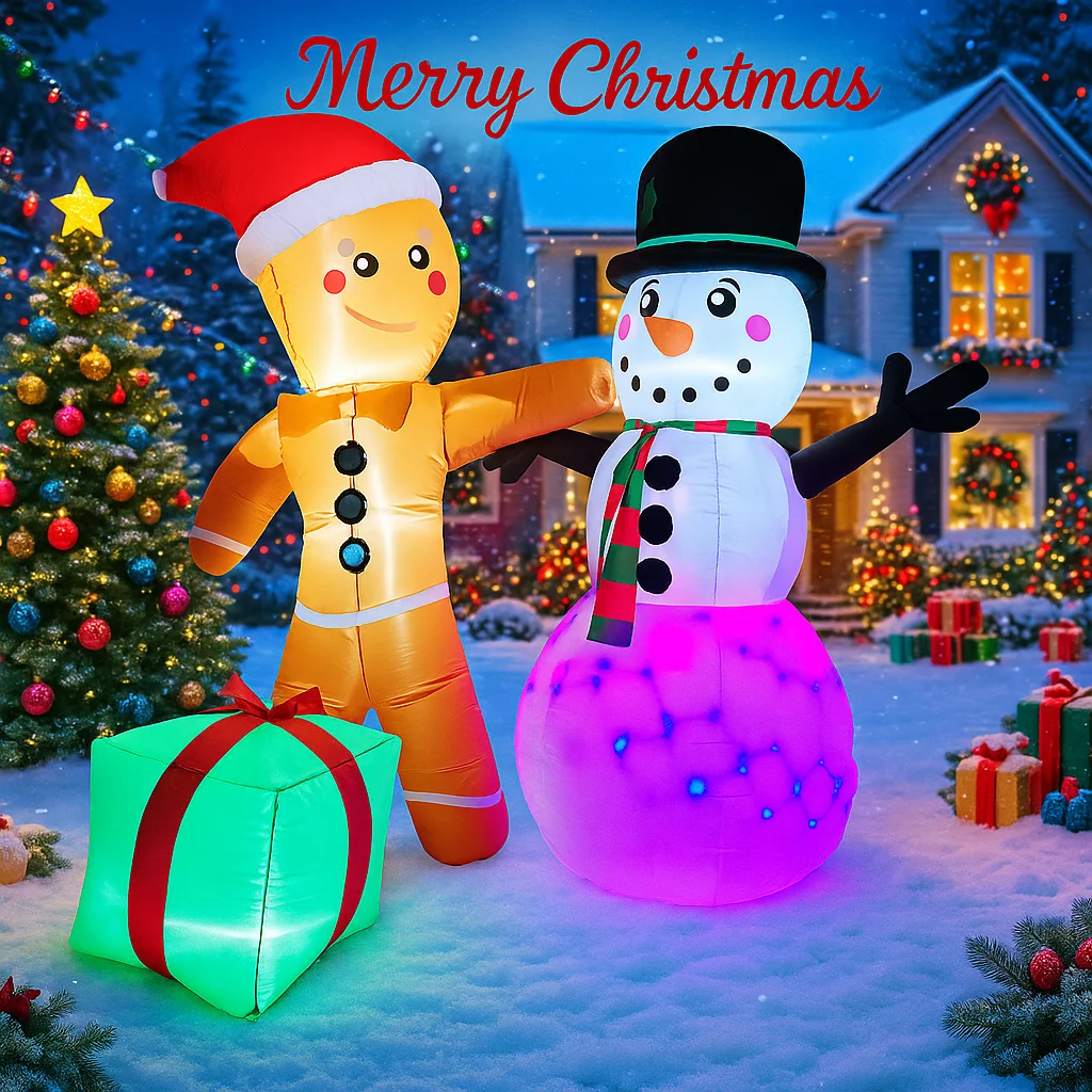 5.91FT Inflatable Toy Christmas Gingerbread Man Snowman Set Gift Xmas Yard Decoration LED Supplies Festive Gift Home Ornament