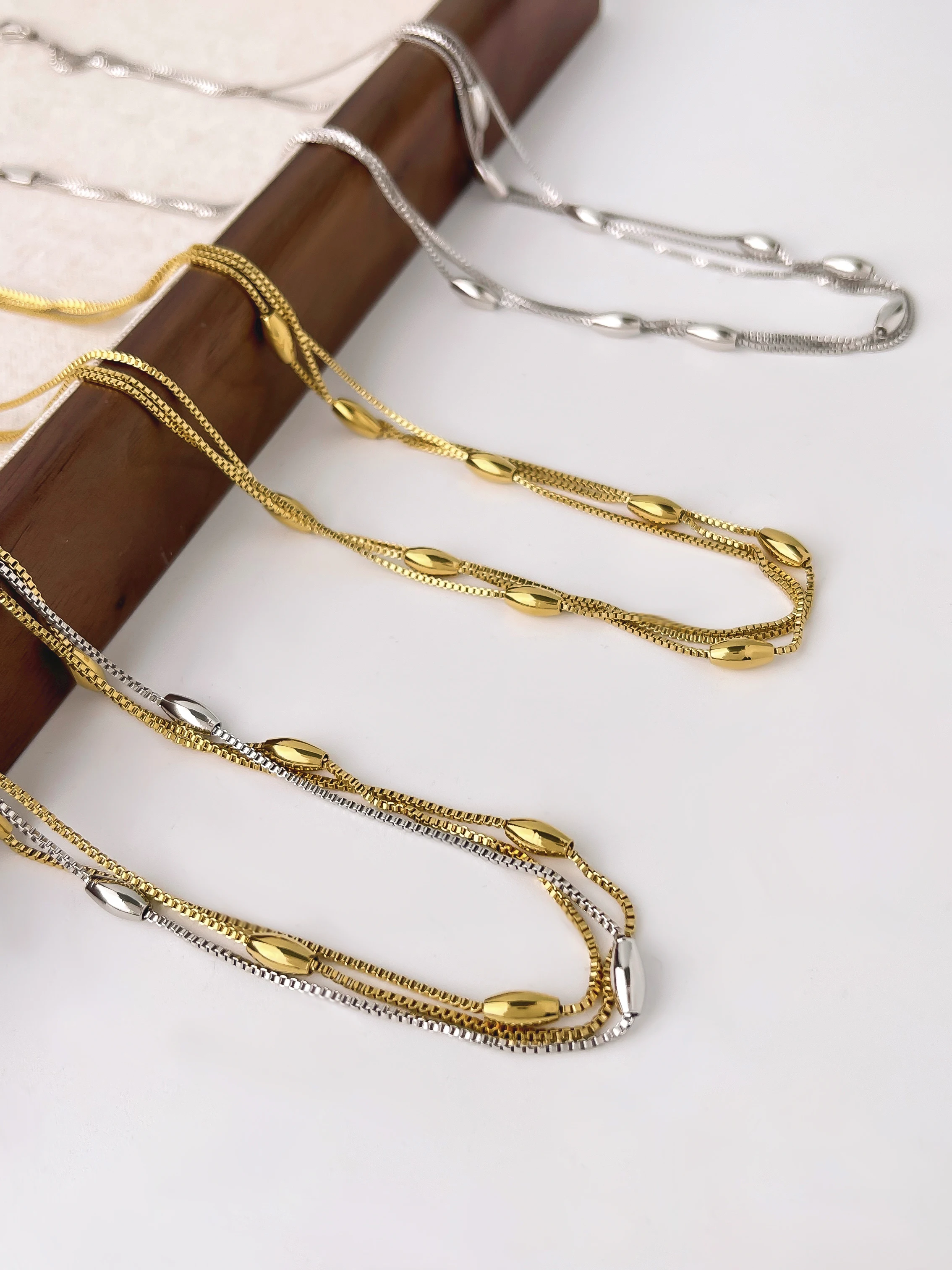 Peri\'sbox Dainty Triple Layered Clavicle Chain Oval Beads Necklace Unique Design Stainless Steel Waterproof Trendy Women Jewelry