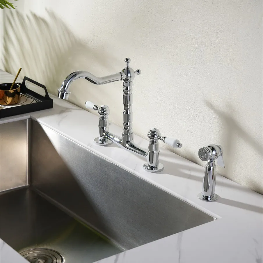

Brushed Gold Stainless Steel Vintage Two-hole French Kitchen Faucet Hot and Cold Tap with Spray Multi-function Faucet