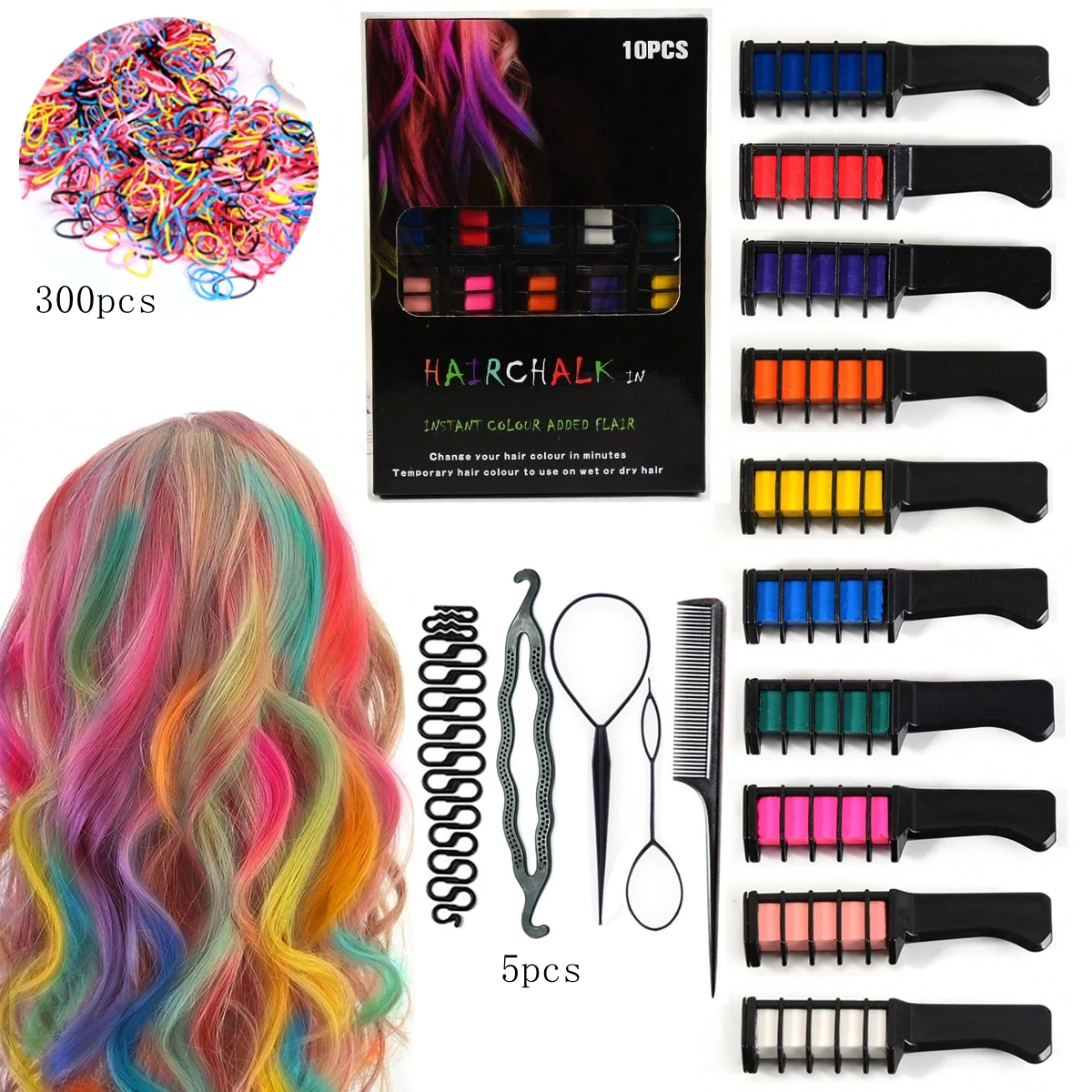 

315 Piece Set 10 Colors Disposable Hair Dye Chalk Sticks DIY Hair Braiding Tools for Girls Birthday Role Playing Christmas Gift