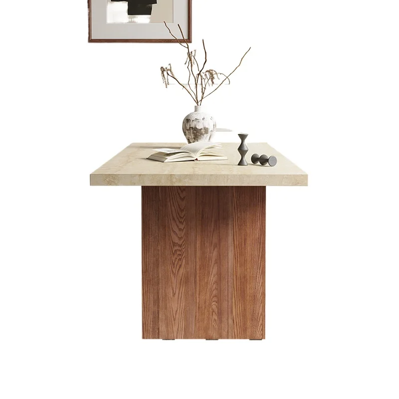 

French retro style solid wood, ash wood dining table, travertine rock slab dining table, modern simple rectangular large
