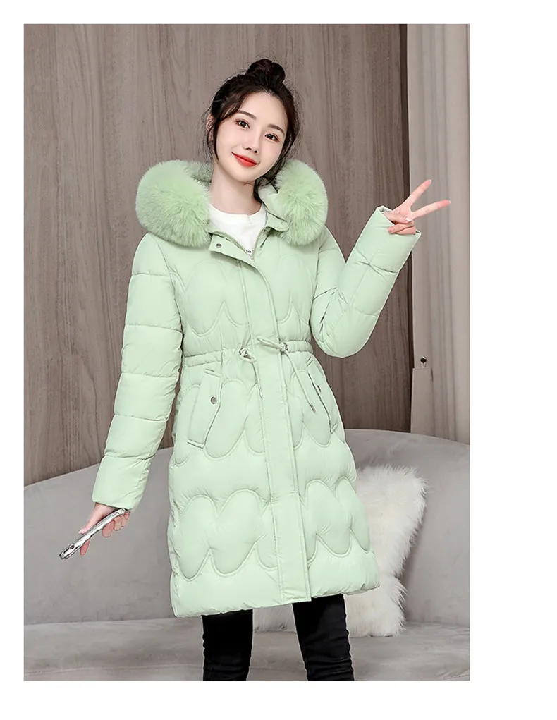 2026 Winter New Fur Collar Puffer Down Parka Loose Long Hooded Warmer Thicken Snow Jacket Pocket Zipper Outerwear Female
