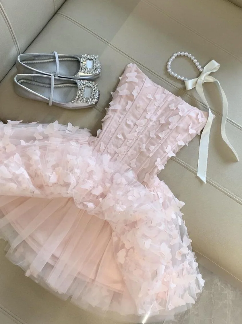 Women Strapless Pink Dress Summer Sweet Butterfly Mesh Mini Dress Slim Elegant Fairy Style Layered Ruffle Skirt Princess Outfits
