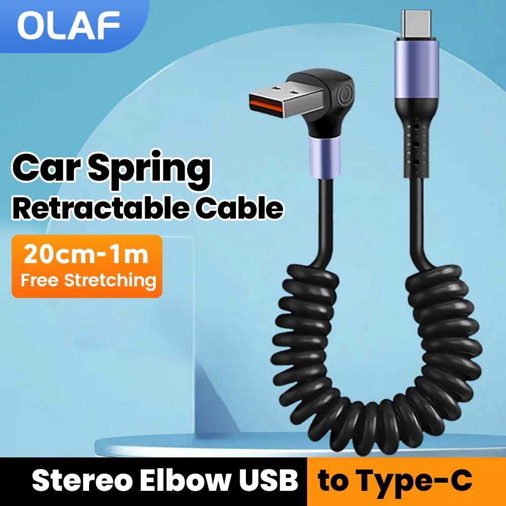 6A/66W Car Spring Retractable Cable Stereo Elbow USB to Type C Fast Charging Cable for iphone 15 Samsung Huawei Xiaomi