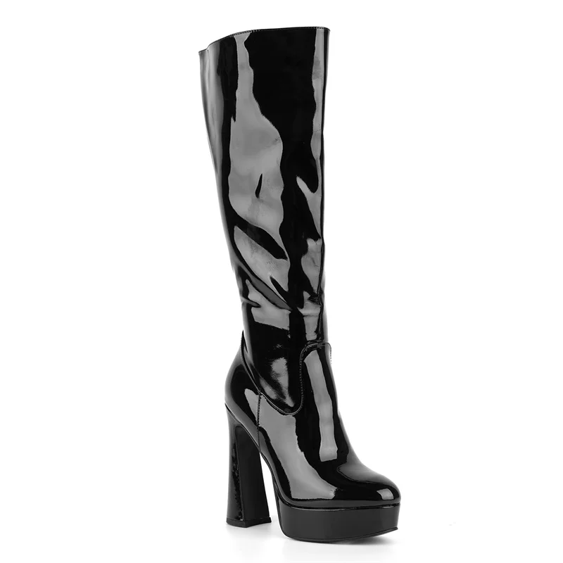 Onlymaker Black Platform Knee High Boots with Thin Heel Side Zipper Boots