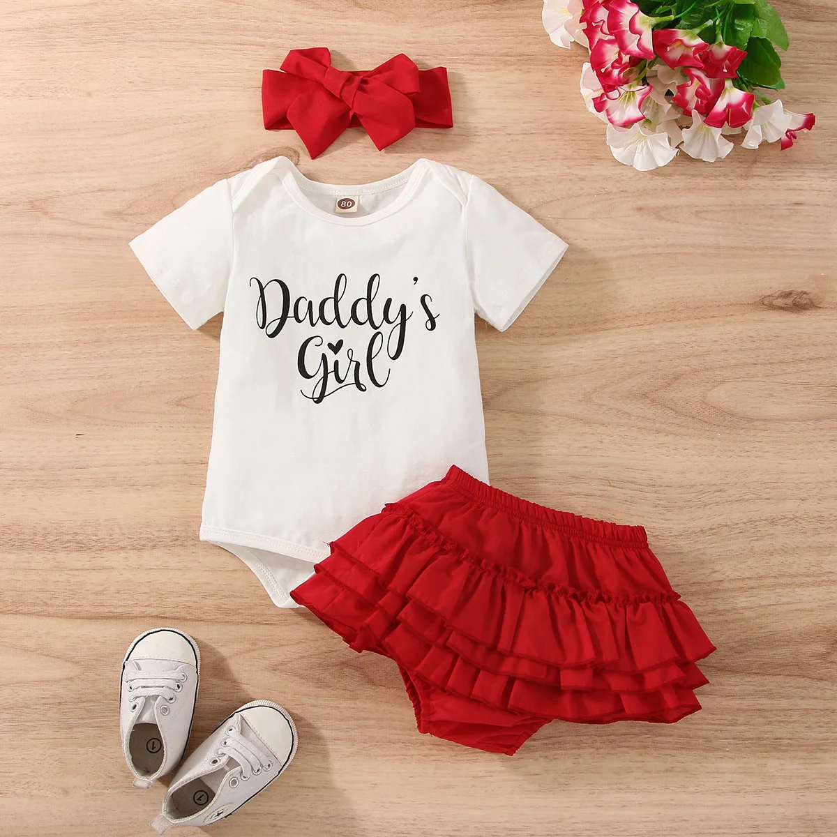 Summer Fashion Baby Girl Two-Piece Set Letter Print round Neck Short Sleeve Triangle Jumpsuit with Red Pleated Skirt