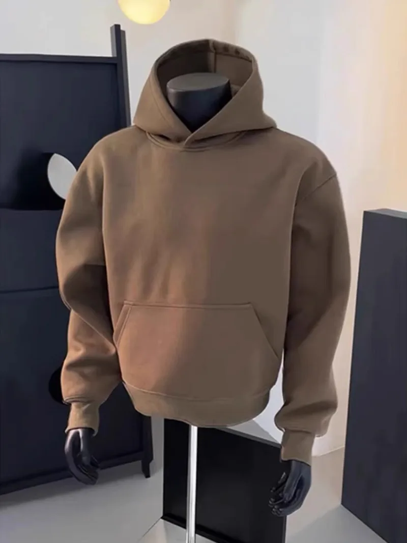 

American Fashion Short Hoodie Men's 2024 Autumn and Winter New Hooded with Thick Velvet and Stiff Coffee Colored Jacket
