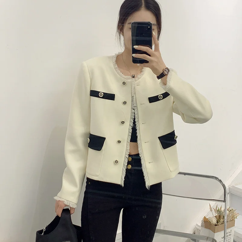 100% worsted wool small fragrance suit jacket for women's autumn 2022 new contrasting tassel round neck short top trend