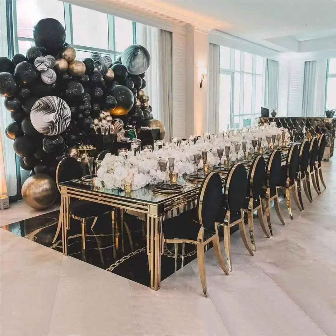 Modern luxury simple design unique gold stainless steel rectangular marble wedding hotel table