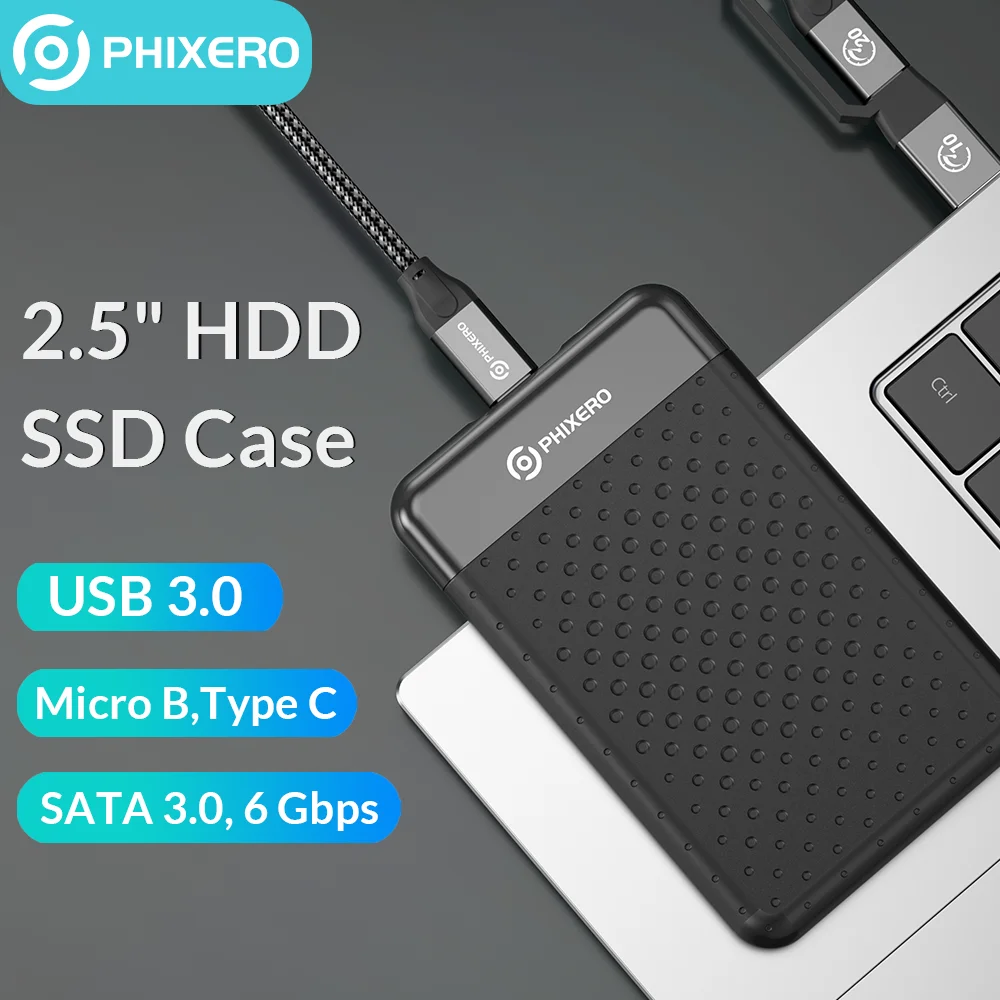 PHIXERO HD Externo USB 3.0 SATA 인클로저 SSD 하드 드라이브 외장 케이스, PC Macbooc 노트북용 디스크 보관함, 5Gbps 7mm 9.5mm