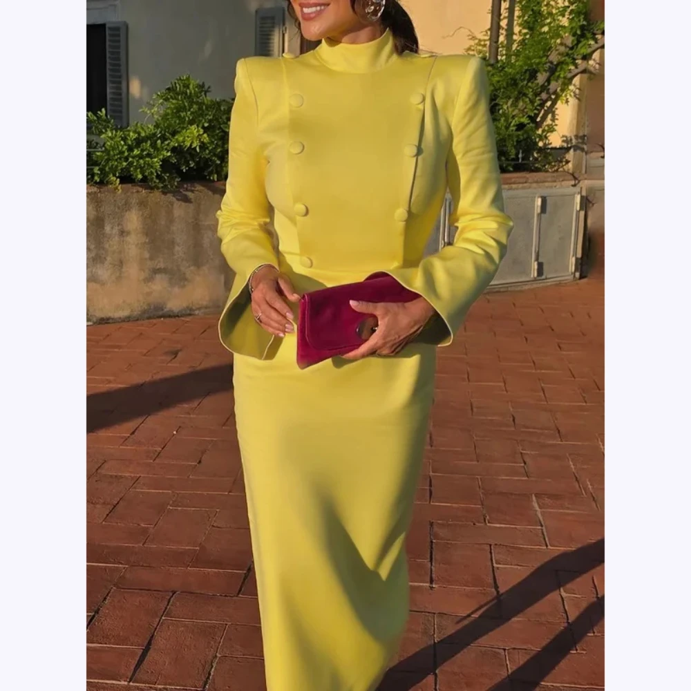 

Elegant Yellow High Collar Full Sleeves Women's Mermaid Evening Dresses Ankle Length Formal Party Office Lady Simple Style Gown