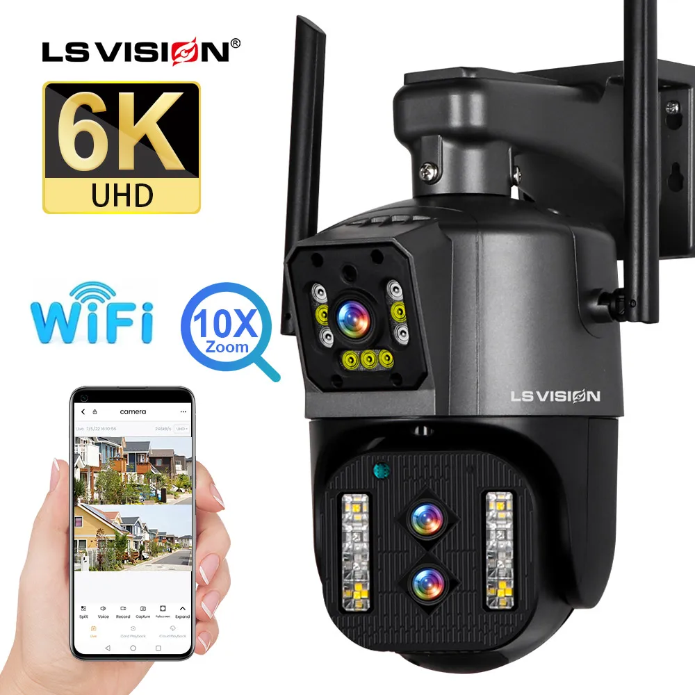 LS VISION-Câmera CCTV de segurança à prova d\'água ao ar livre, WiFi PTZ, tela dupla, rastreamento automático, zoom óptico 10x, 3 lentes, câmera IP