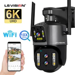 LS VISION-cámara IP 6K de 12MP para exteriores, videocámara de seguridad impermeable con WiFi, PTZ, tres lentes, pantalla Dual, Zoom óptico 10X, seguimiento automático, CCTV