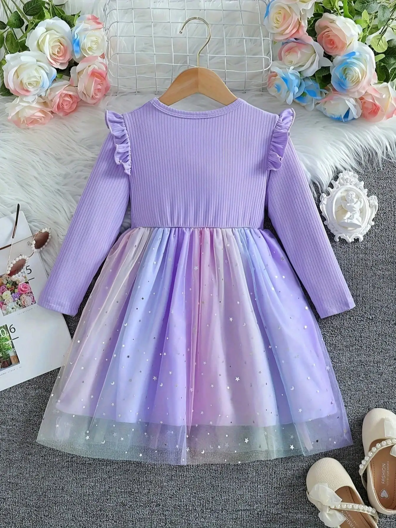 Gradient chiffon long sleeved dress, silver star sequins and bow details, autumn and winter cartoon pattern princess dress