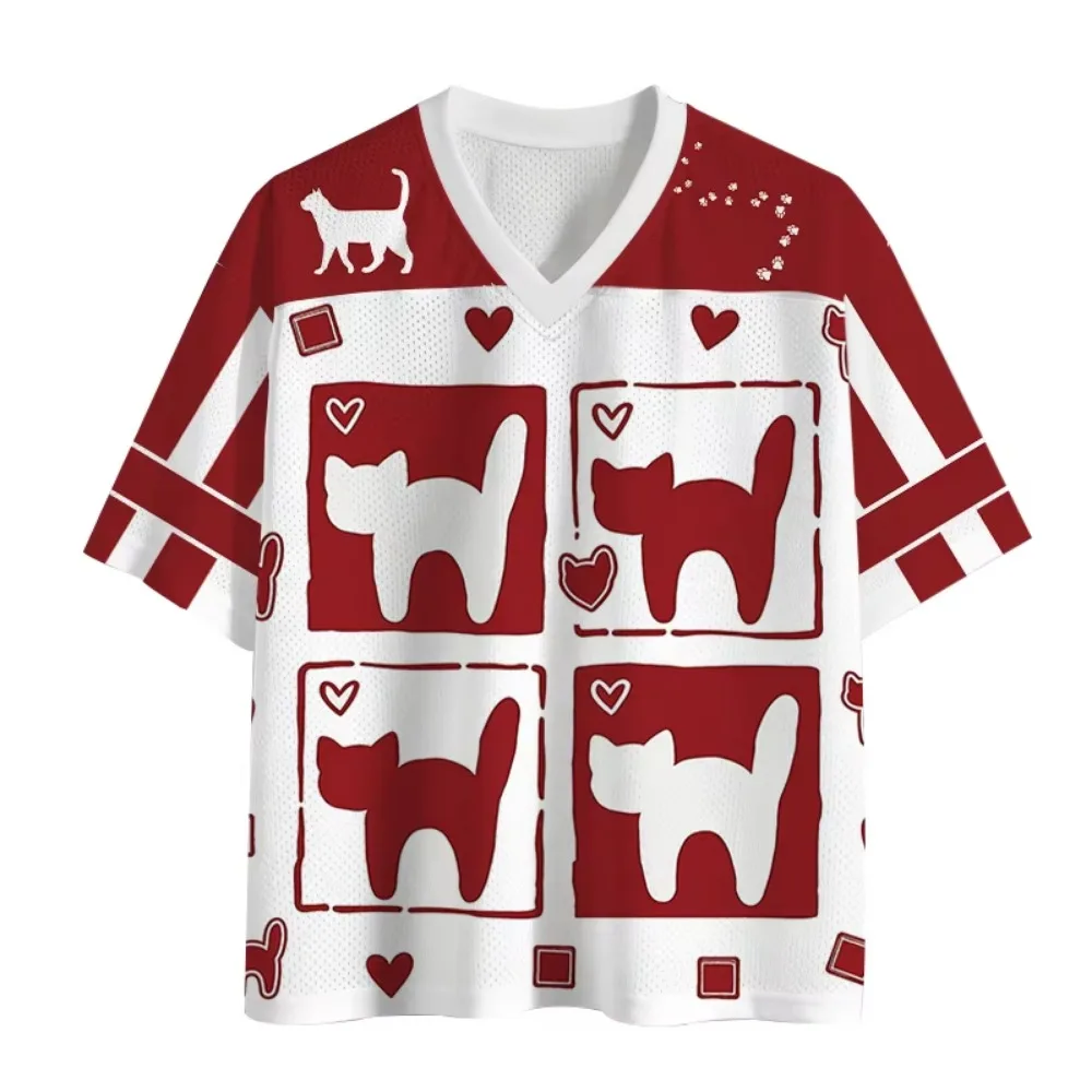 Summer Fashion New Design Red and White Cat Squares 3D Printed Men Women's  V-Neck Sports T-Shirt Streetwear Y2K Family Clothing