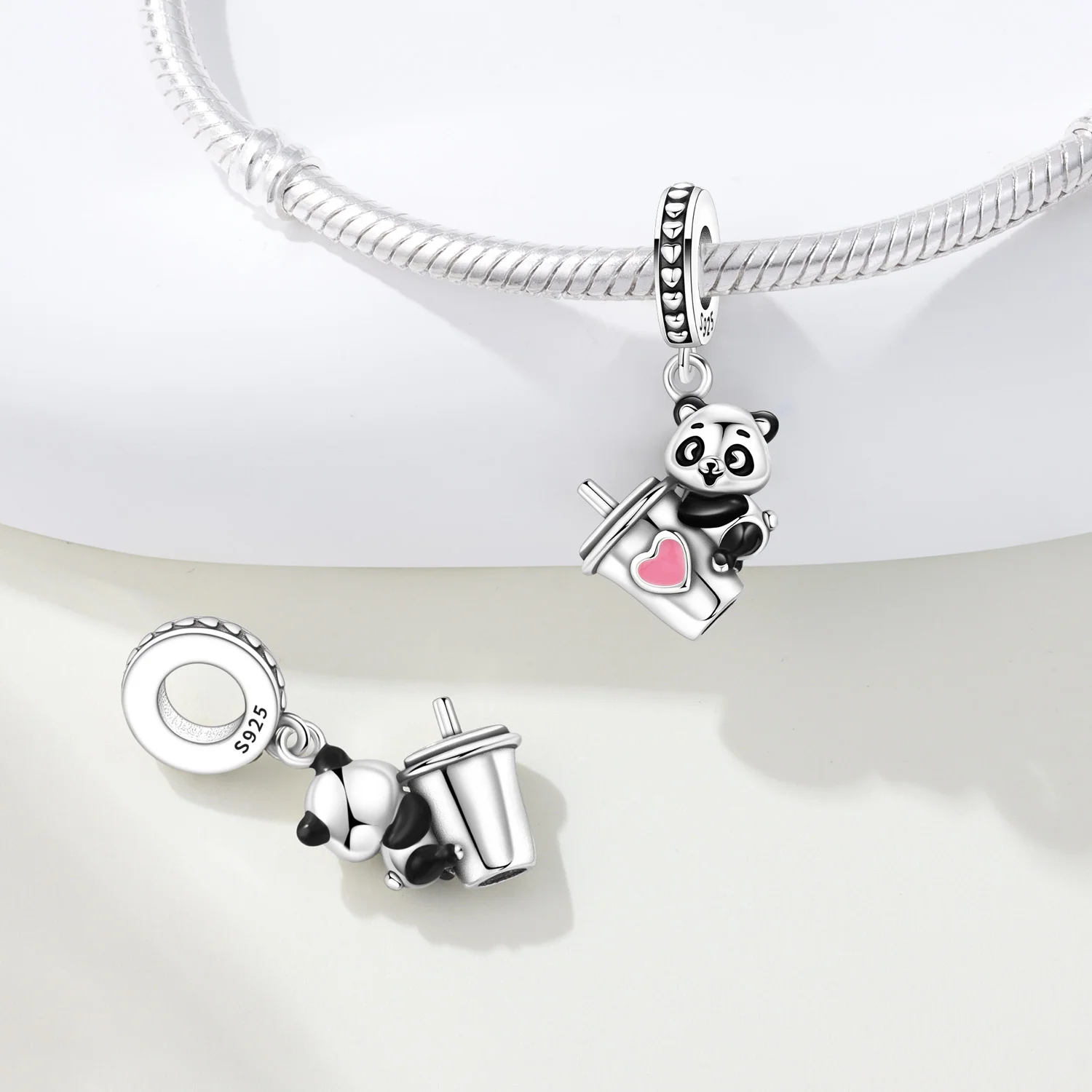 PANPOKI 925 Sterling Silver Panda Coffee Cup Charms Beads Pendant Fit DIY Bracelet Necklace Jewelry Souvenir Gifts