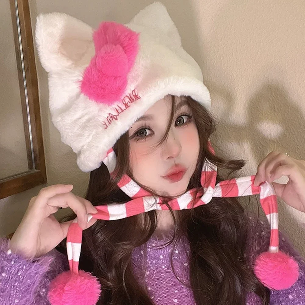 Winter Plush Cat Ear Hat Cozy Warm Ear Protection Cap for Women Cartoon Cute Red Bow Students Thickened Windproof Cycling Caps