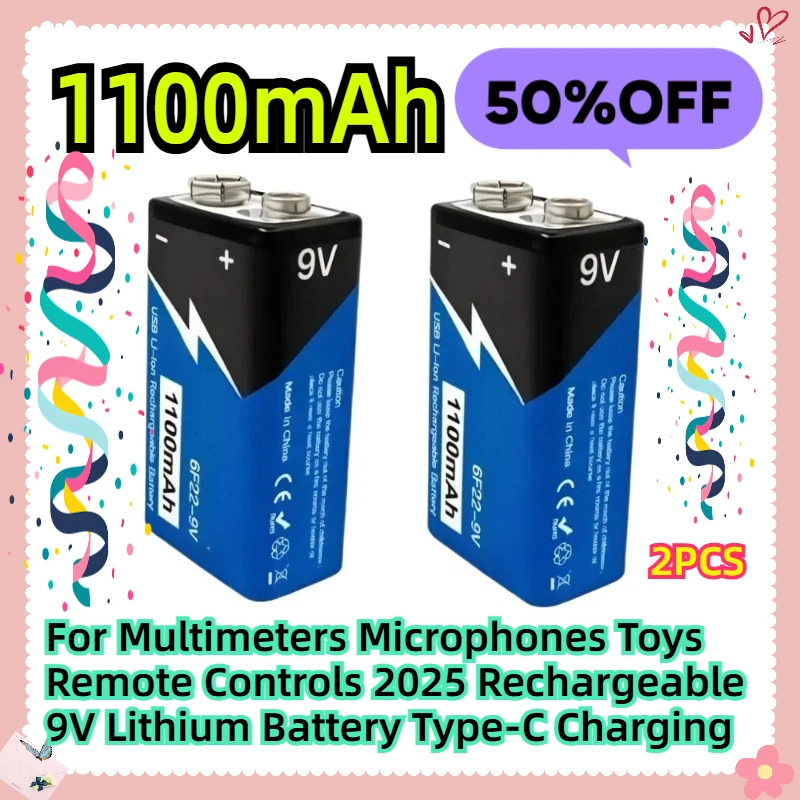 

For Multimeters Microphones Toys Remote Controls 2025 Rechargeable 9V Lithium Battery 1100mAh Type-C Charging