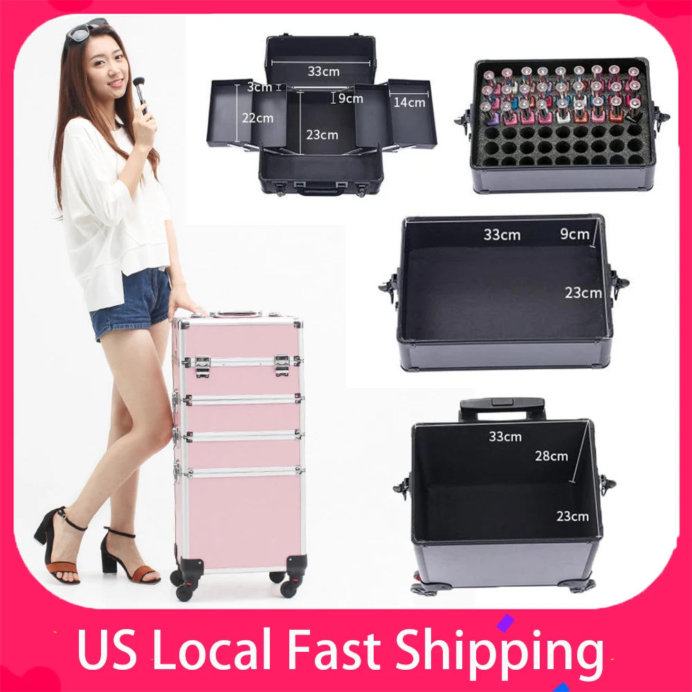 Makeup Trolley Case Detachable 4 in 1 Professional Makeup Train Case Large Capacity Aluminum Rolling Cosmetic Case On Wheels