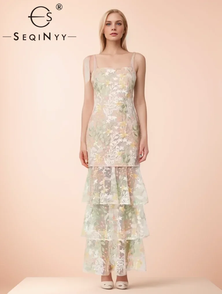

SEQINYY Elegant Suit Summer Spring New Fashion Design Women Runway Sleeveless Slim Top + Long Ruffles Skirt Embroidery Flower