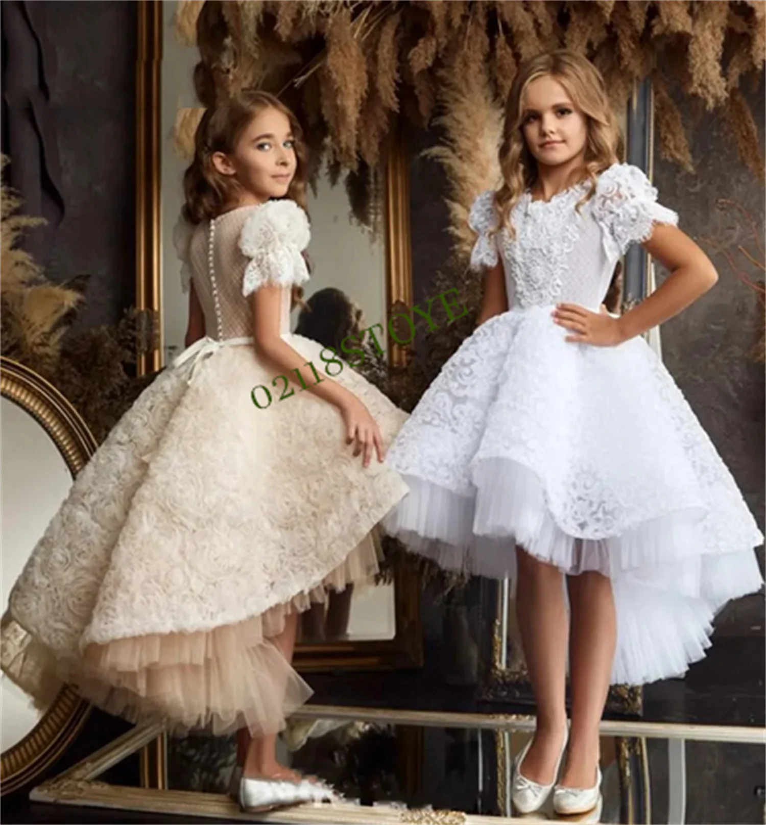 

White Girl Dresses Princess Dress Lace Flower Girl Dress First Communion Dress Short Sleeves Girl Wedding Party Dress