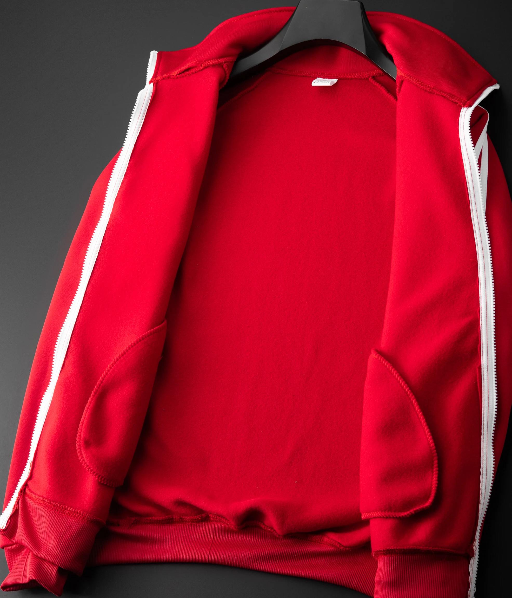Herren Freizeit-Sportjacke mit Stehkragen, durchgehendem Reißverschluss, 3 weißen Streifen, langen Ärmeln, Sportbekleidung für Männer, Fitness-Training, Alltags-Oberbekleidung – Detail 7