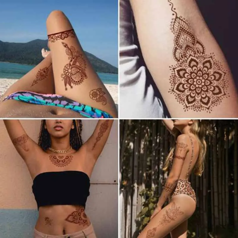 Semi Permanent Henna Tattoo Stickers Waterproof  Transfer Lace Fake Tattoo Decals Face Arm Body Art Makeup Tattoo Stencil Decors