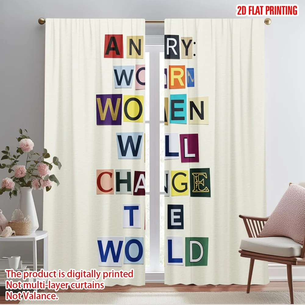 

2pcs 2D flat printing Window Curtains Angry Women Change World Polyester Without Electricity Holiday Decorations Use for Photo