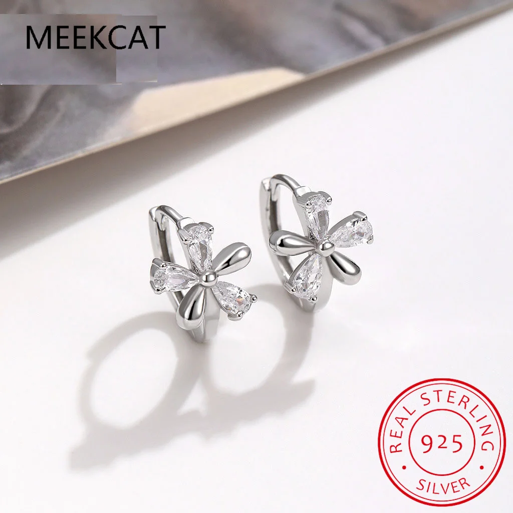 Real 925 Sterling Silver Shine Zircon Mini Flower Hoop Earrings for Women Cute Plant Fine Jewelry Accessories Creole Huggies