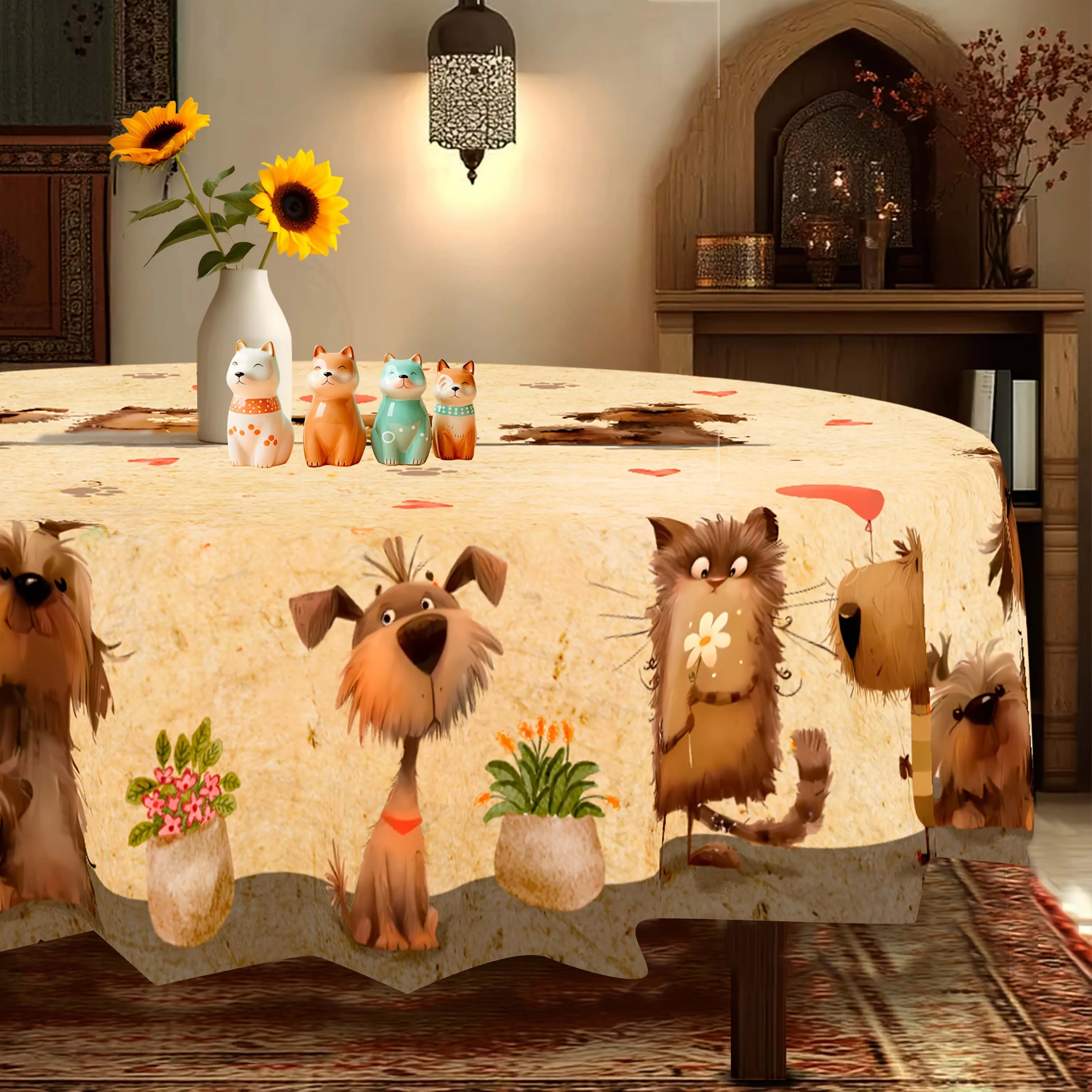 1 piece. Cute cat and dog themed tablecloth self-adhesive table mat, with cat and dog flower patterns.zyc