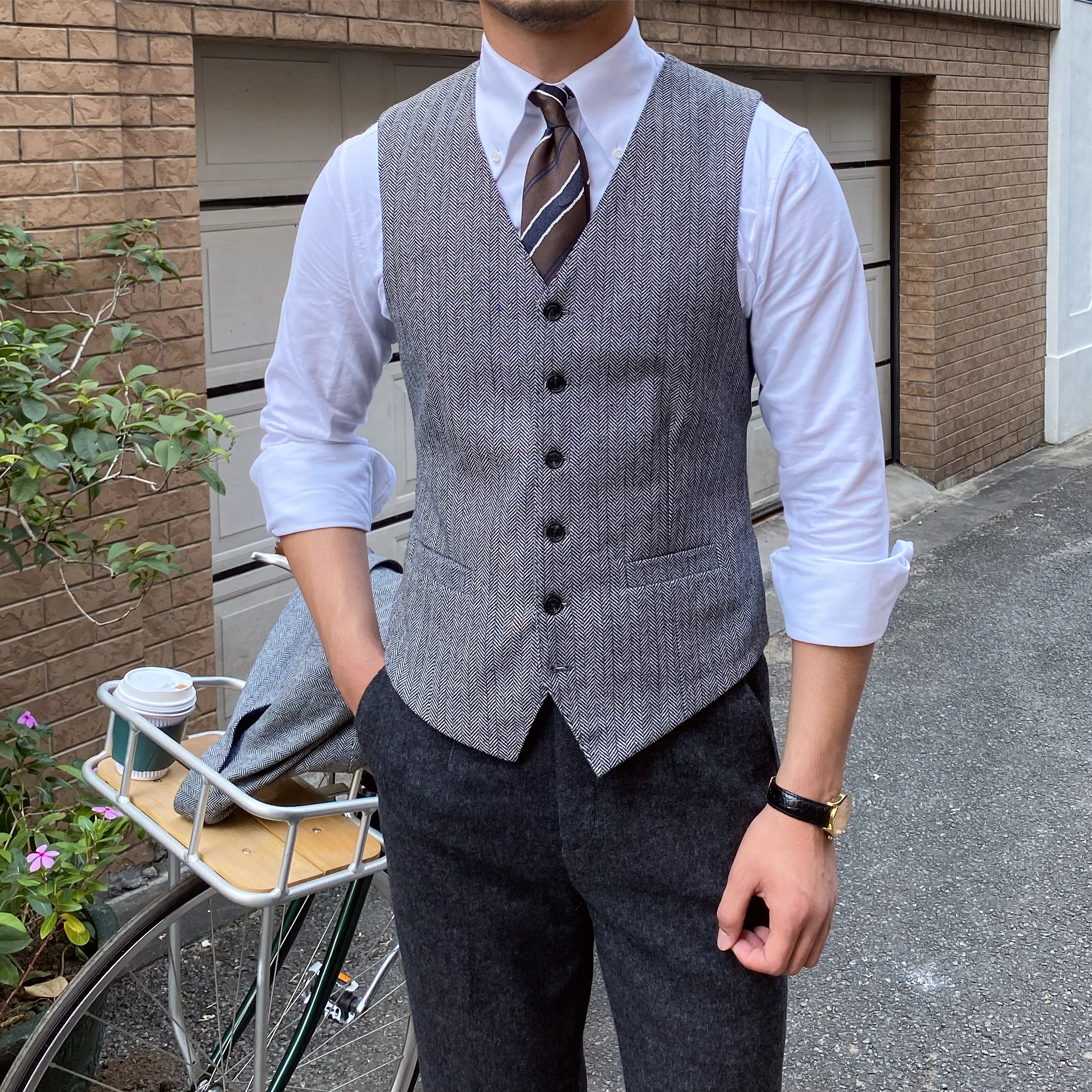 High-End Men's Autumn and Winter Warm Wool Blend Herringbone Pattern Suit Vest Business Casual All-Match Vest