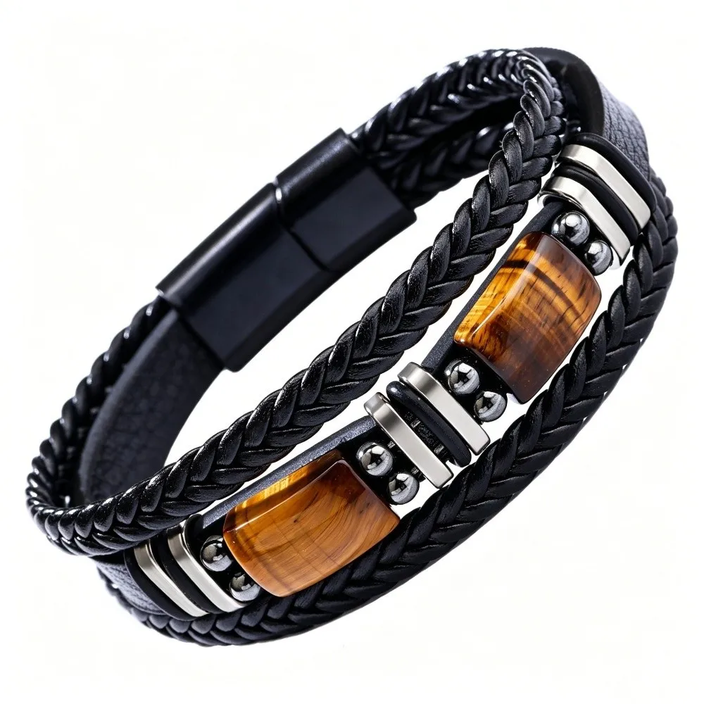 Wristband Bracelet Multi-Layer Tiger Eye Stone Bracelet Braided Adjustabl Leather Bracelet Handmade Retro Beaded Bracelet Unisex