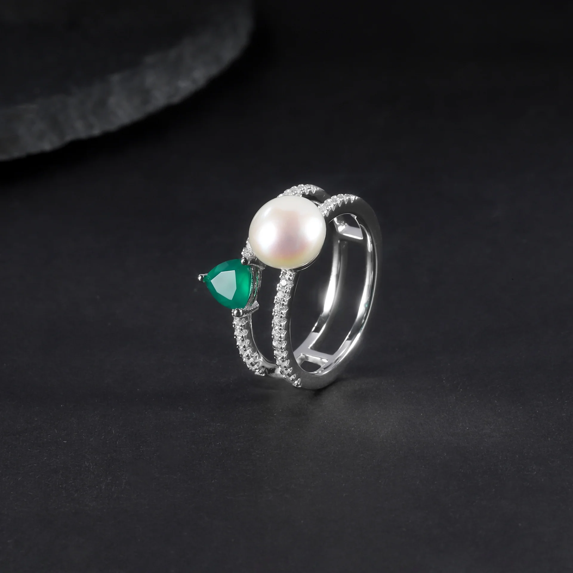 

real brand genuine jewels S925 Sterling Silver Freshwater Pearl Fashion Light Luxury Premium Feel Inlaid Natural Green Agate Rin