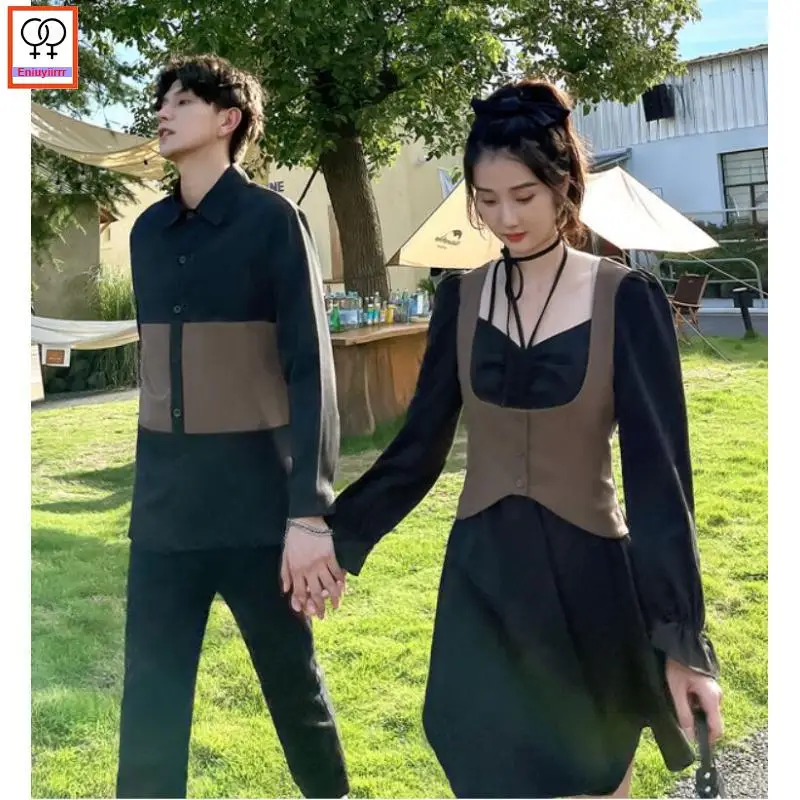 Matching Couple Clothes Outfits Male Female Lovers Holiday Valentine\'s Date Honeymoon Retro Vintage Two Piece Shirt Dress