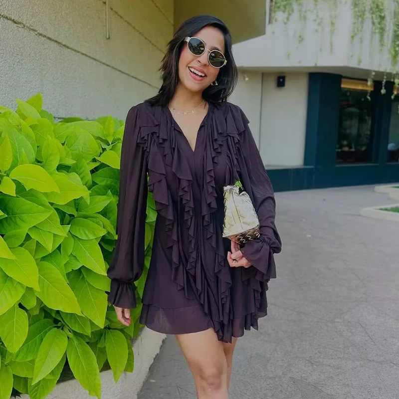 Hxao vestidos curtos 2025 mulher babados dobras vestidos de verão em camadas com decote em v vestidos de manga longa feminino marrom mini vestido de festa