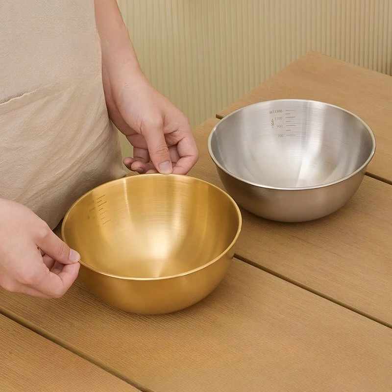 

Многофункциональная миска из нержавеющей стали 304 в корейском стиле с мерной шкалой, для холодных блюд, фруктовых салатов, золотистая, для приготовления пищи