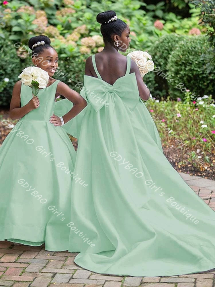 Vestidos blancos de flores para niña para boda, vestido de primera comunión con tirantes para niños de 2 a 14 años, vestido largo personalizado para fiesta de desfile con cola de lazo