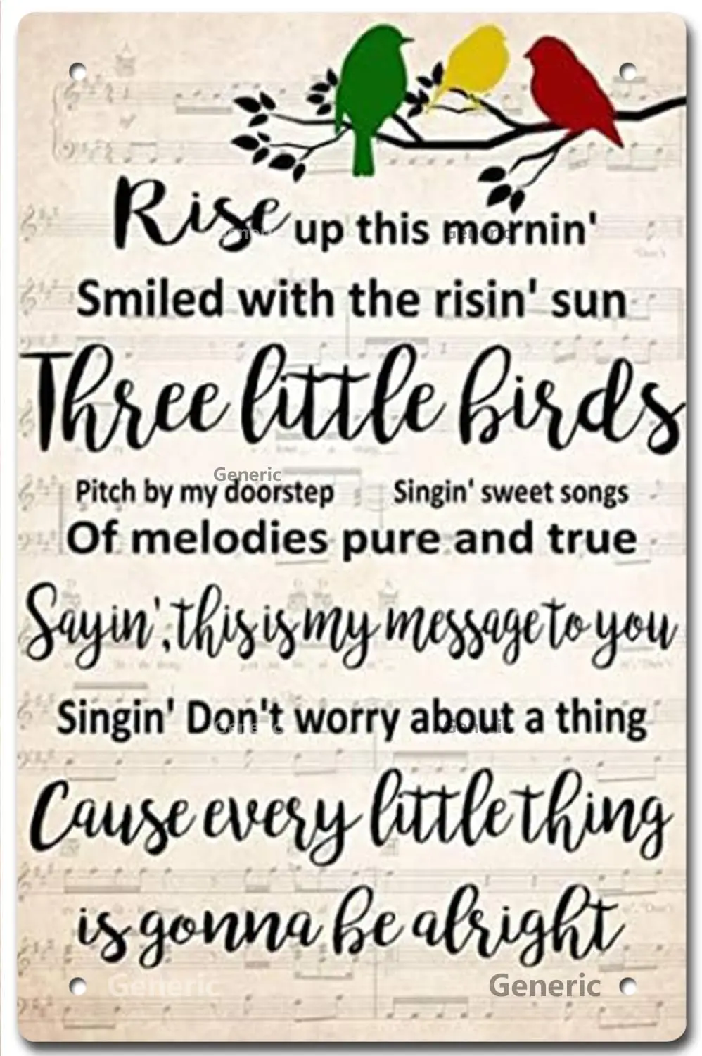 Retro,Three Little Birds Lyric, Music Gift, Every Little Thing is Gonna Be Alright,Inspirational for Bedroom Office Home  in Tin