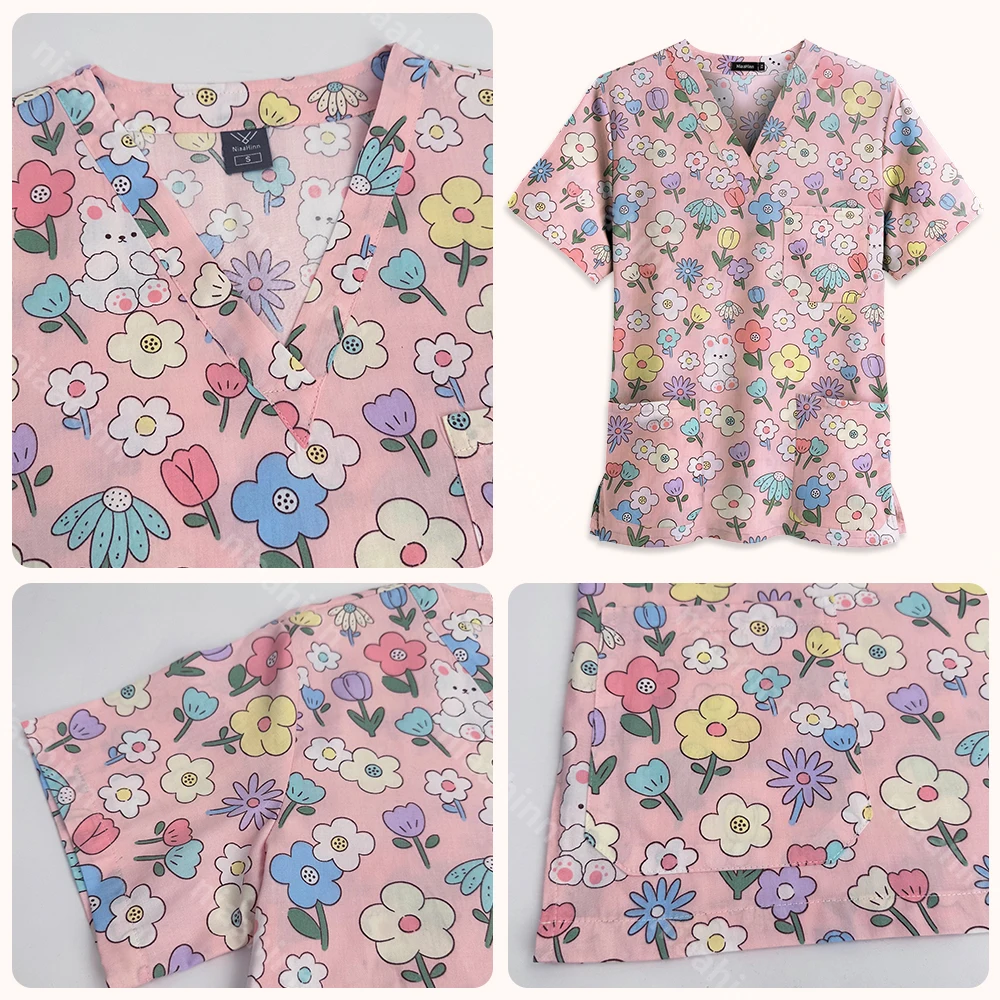 Camiseta com decote em v dos desenhos animados manga curta topo médico com bolso elegante topos primavera & verão feminino casual pet grooming roupas de trabalho