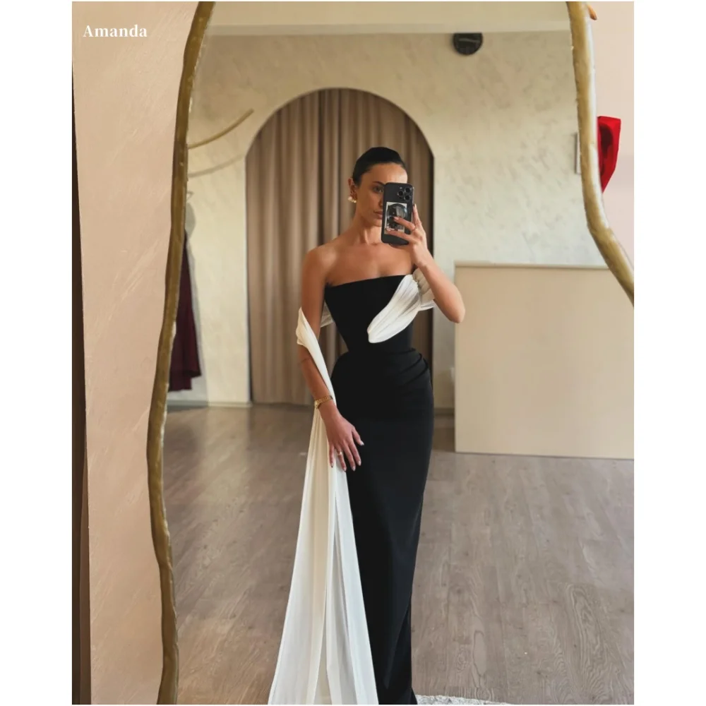 

Amanda Customized Black Draped In Silk Satin robes de soirée Strapless Party Dresses Sleeveless Floor-Length Prom Dress 2024