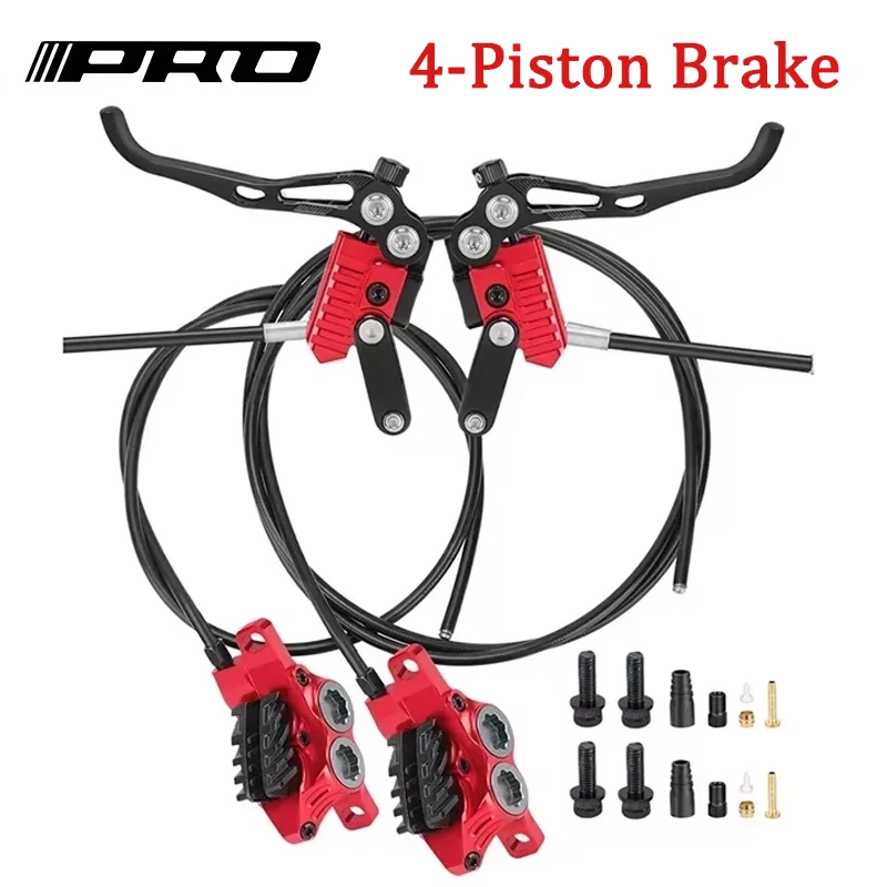 IIIPRO Bike Hydraulic Brake 4-Piston MTB Mineral Oil Disc Brake 800/1550MM Bicycle Brakes for Full Layout Cable Routing AM DH