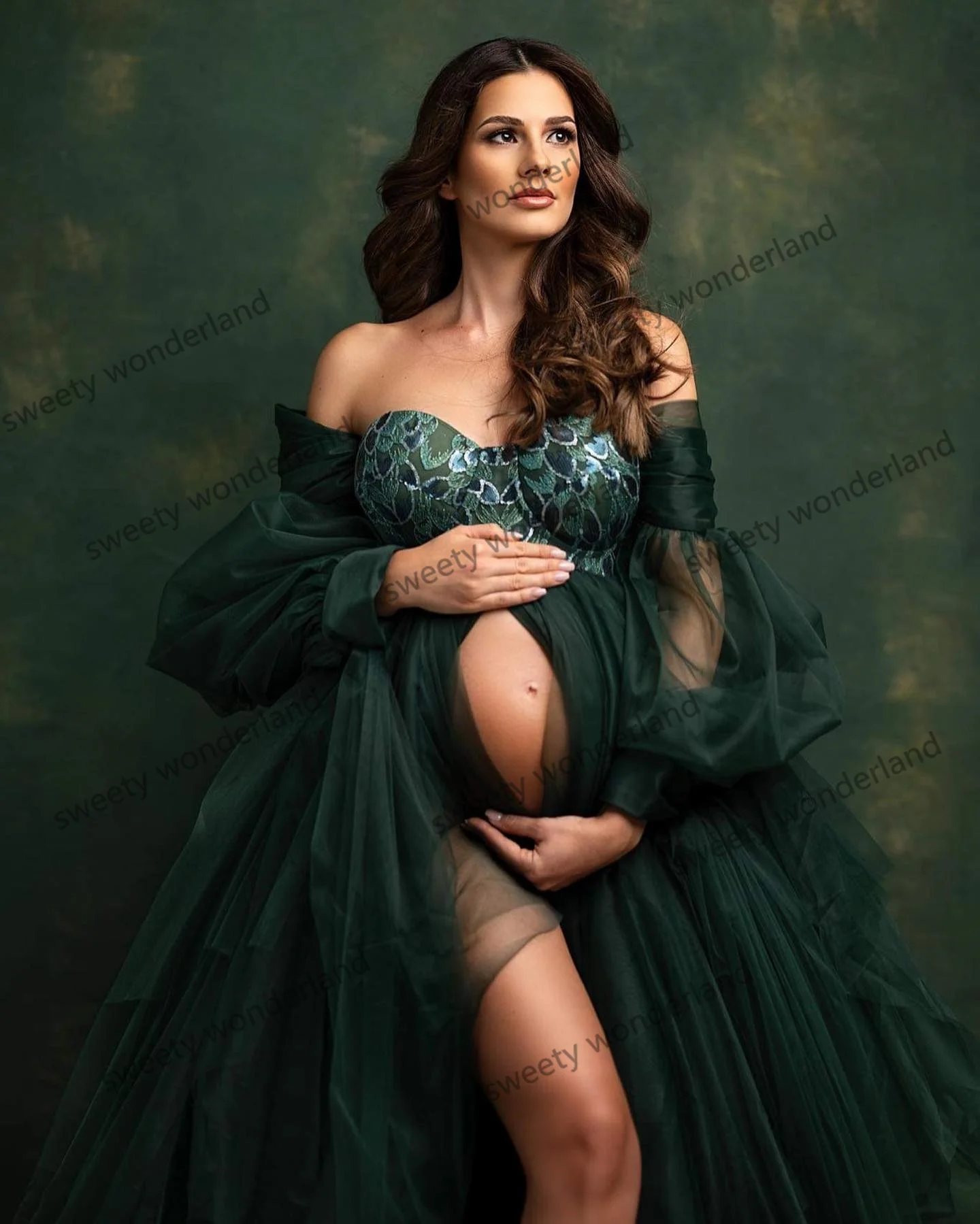 Dark Green Prom Dresses For Women Tulle Slit Maternity Photoshoot Dress Off the Shoulder Lace Empire Gown for Baby Shower