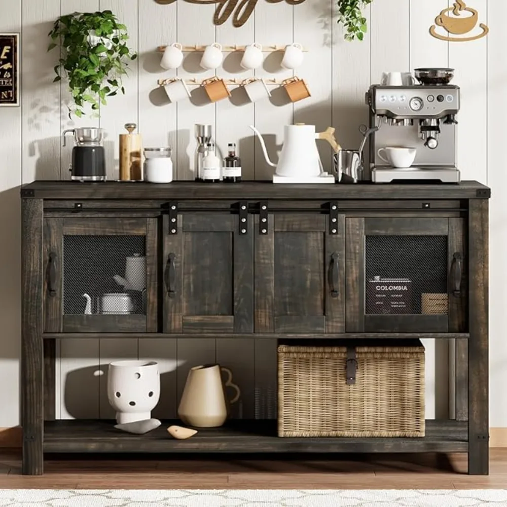 Farmhouse Coffee Bar Cabinet with Storage, Coffee Bar Table with Sliding Barn Door, White Coffee Buffet Cabinet