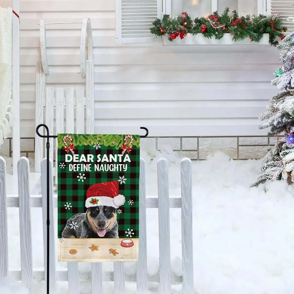 Christmas Garden Flag Funny Staffordshire Bull Terrier Dog in Santa Hat Green Buffalo Plaid Snowflake Banner for Winter Yard Out