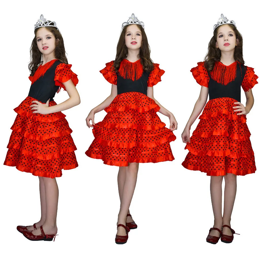 Vestido para niñas, hermoso disfraz de bailarina de Flamenco español, traje de baile para actuaciones de Sevilla de abril para niños