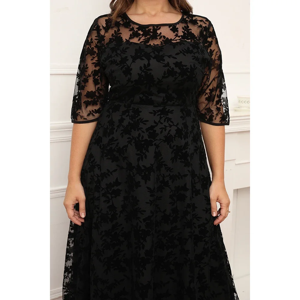 Plus Size Women\'s Casual Black Lace Flocked Mesh Velvet Double Layer Tunic Maxi Dress