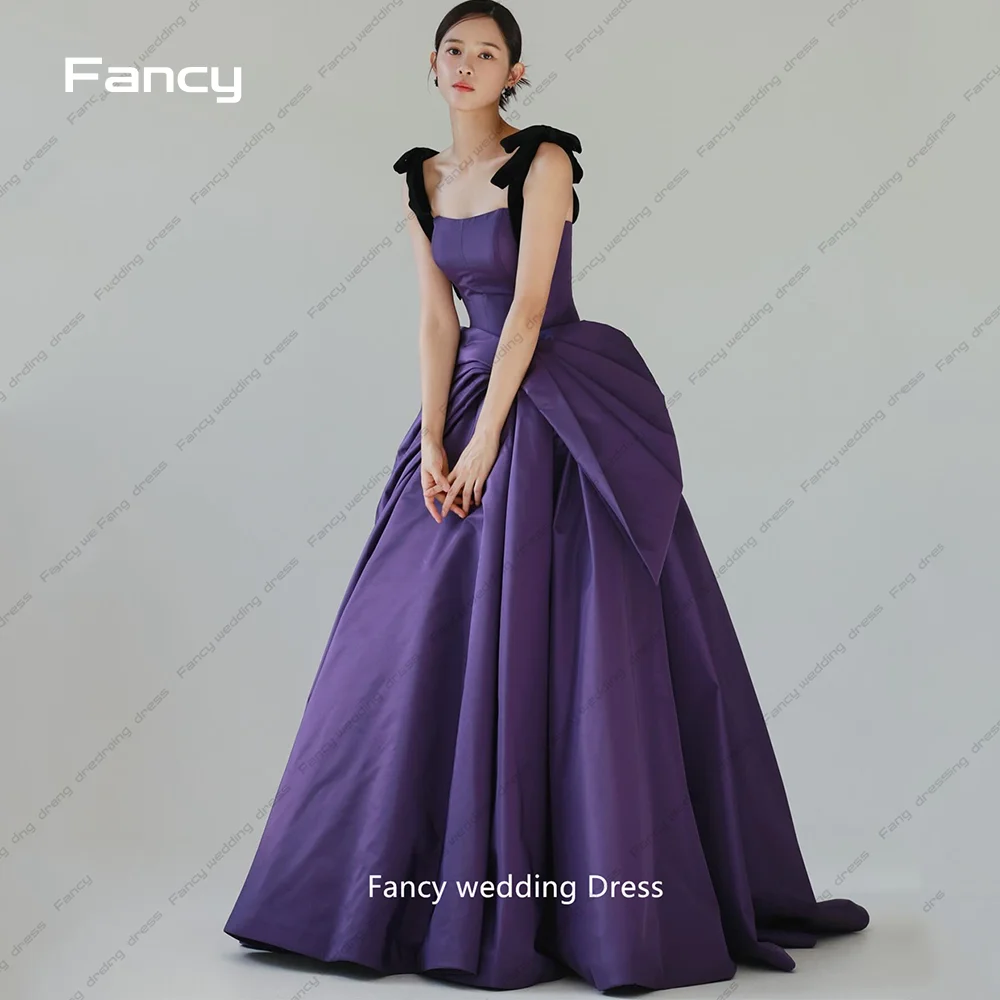 Phantasie Korea lila Abendkleid quadratischen Hals ärmellose Brautkleid boden lange Satin Brautkleider nach Maß